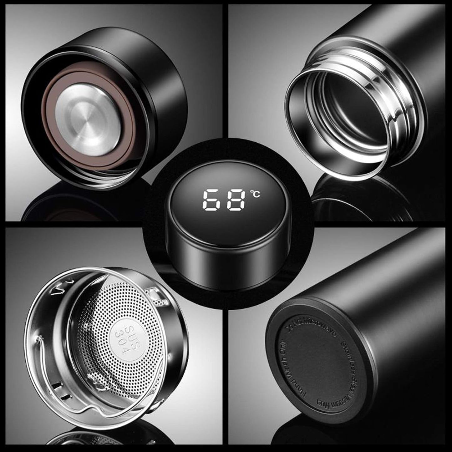 Smart LED Temperature Display Water Bottle | Double Wall Vacuum Insulated Stainless Steel bottle - 500ml (Black)