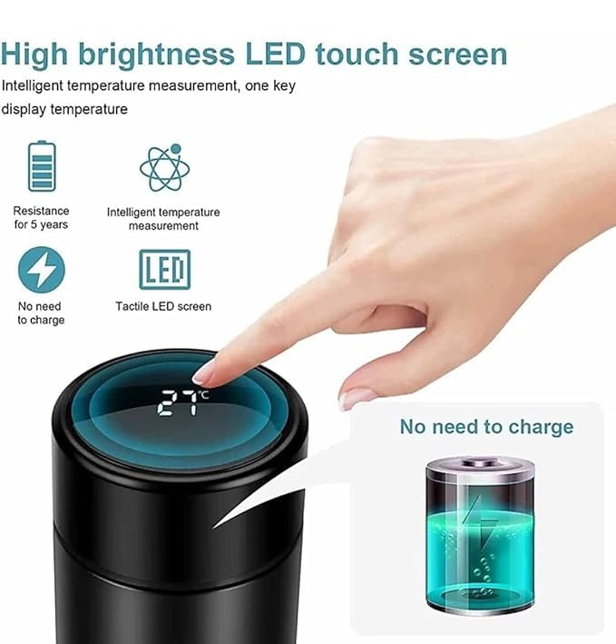 Smart LED Temperature Display Water Bottle | Double Wall Vacuum Insulated Stainless Steel bottle - 500ml (Black)