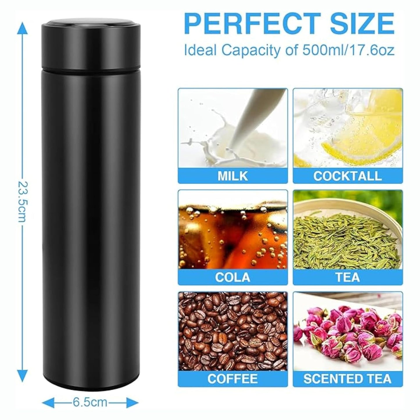 Smart LED Temperature Display Water Bottle | Double Wall Vacuum Insulated Stainless Steel bottle - 500ml (Black)
