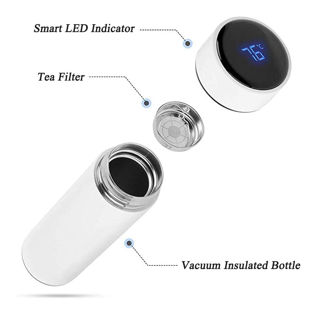 Smart LED Temperature Display Water Bottle | Double Wall Vacuum Insulated Stainless Steel Flask - 500ml (White)