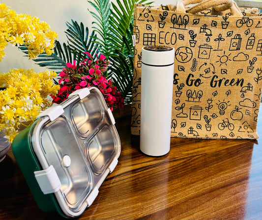 Bento Box & Be Motivated Water Bottle With Free Jute Bag Combo