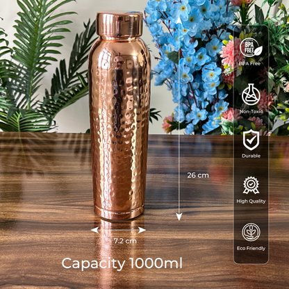 Vasudhare 100% Pure Copper Water Bottle with Hammered Design | BPA-Free Material with Antimicrobial Properties | Leak Proof and Rust Proof Bottle | 1 Litre Copper Bottle (1000ml)