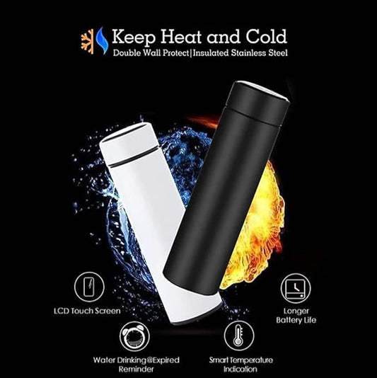 Smart LED Temperature Display Water Bottle | Double Wall Vacuum Insulated Stainless Steel Flask - Combo of 2 (White/Black)